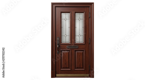 Classic mahogany wood front door with frosted glass panels, elegant dark brown timber entrance door, traditional residential exterior doorway on white background