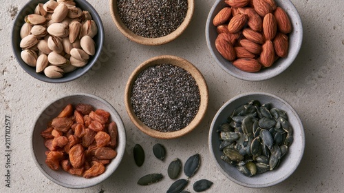 Flatlay of various nuts and seeds.