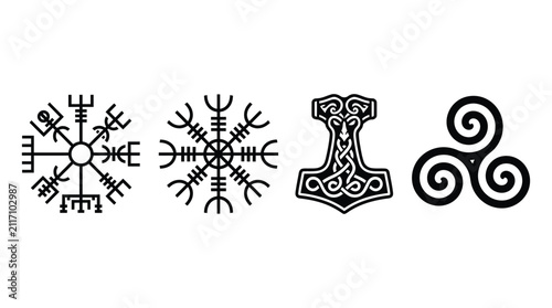 Fotografía Ancient Norse Symbols Collection Black Vector Illustration On White Background