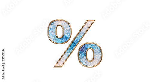Percentage symbol with blue ice texture. Frozen percent sign isolated on white background.