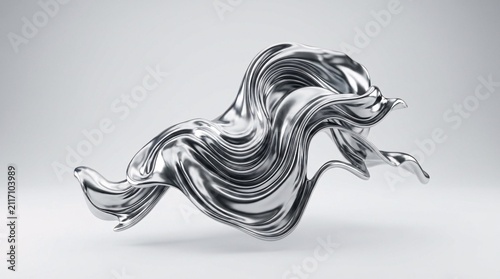 Abstract Silver Liquid Metal Wave Flowing on Clean White Background - Dynamic Chrome Shape for Elegant Modern Design