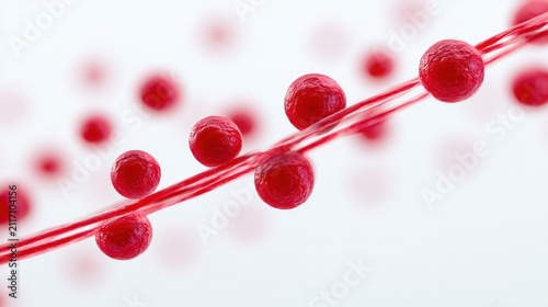 Red Spheres on Thread: Close-up of vibrant red spherical objects strung along a thin thread, creating an abstract and artistic composition.