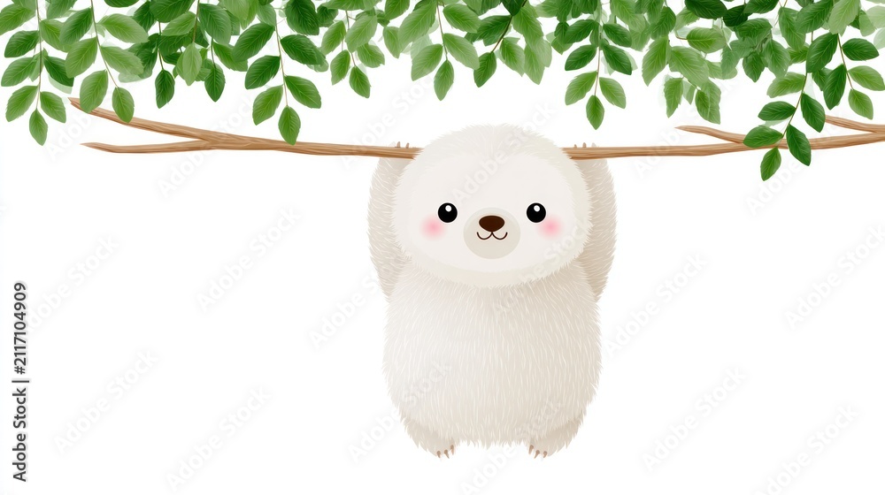 Fototapeta premium Charming Sloth Hanging from Branch: An adorable, fluffy white sloth with big, sweet eyes hangs from a tree branch, surrounded by lush green leaves.