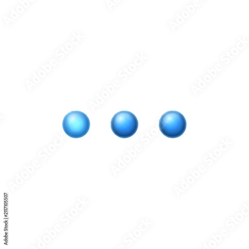 Horizontal ellipsis icon with three blue shiny spheres isolated on transparent background