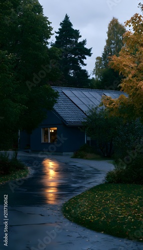 Modern blue home embraces solar energy under a serene golden hour sky reflecting peaceful autumn landscapes