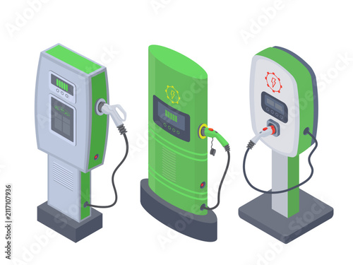 isometric electric vehicle charging pylon stations for parking areas