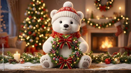 Cute fluffy white Christmas bear holding a festive Christmas wreath decorated with pine branches, berries and ribbons, premium 3D cartoon illustration