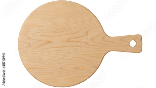 ia generated top view of a round light wooden cutting board with handle, isolated on a solid white background. Kitchenware and pizza peel mockup for culinary and food presentation design.