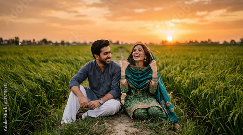 Young Pakistani couple enjoying a sunset in a lush green field