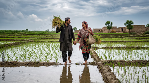 Happy Pakistani couple walking through rice paddies holding harvested crops