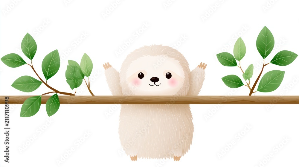Fototapeta premium Cute Sloth Illustration: A whimsical illustration of a kawaii sloth hanging from a branch, surrounded by lush green leaves, evoking a sense of childlike wonder and tranquility.