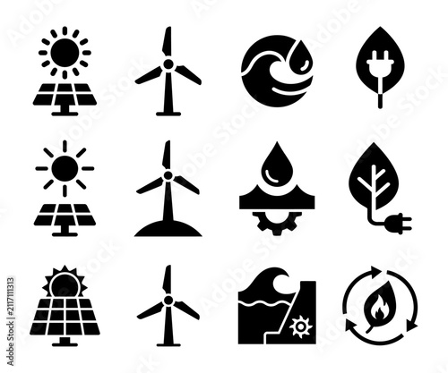 Renewable Energy Icons Set, A collection of simple black and white icons representing various forms of renewable energy, including solar power, wind turbines, water energy.