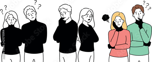 Fotografie Confused Couples and Puzzled Partners Set with Question Marks Expressing Doubt R