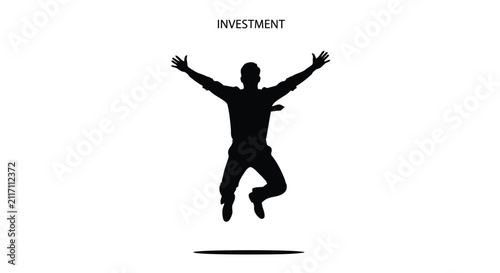 Illustration of silhouette of a joyful businessman jumping in the air with his arms raised, celebrating success and investment