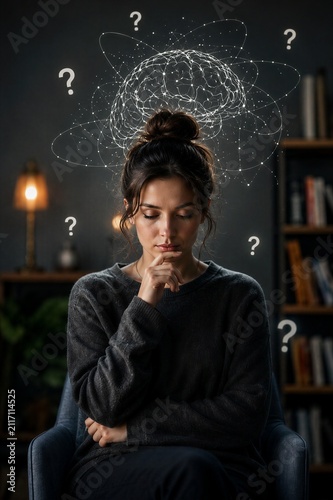 Thoughtful woman with question marks and brain illustration representing critical thinking and decision making