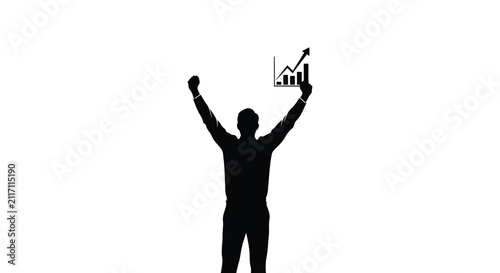 Illustration of silhouette of a triumphant person raising arms with a rising stock chart