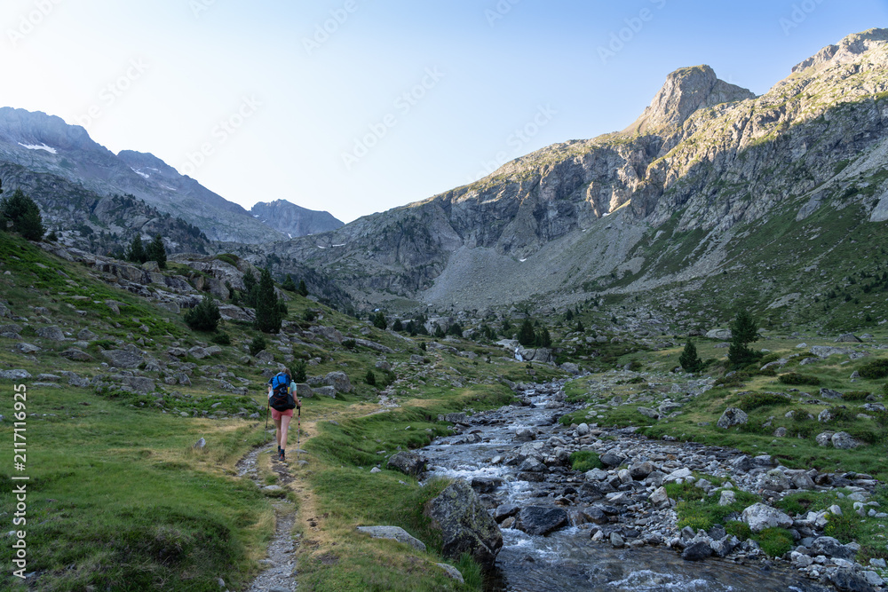 Obraz premium Female hiker on the famous Haute Randonnée Pyrénéenne trail in France.