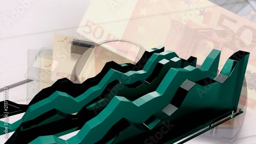 Strips sliding forward, 3D ridge chart forming, trend line climbing to +186% visualizing growth