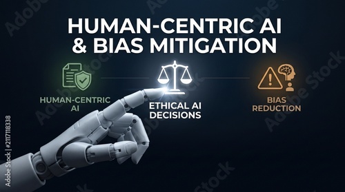Robotic hand pointing at ethical AI scale. Machine learning bias mitigation concept.