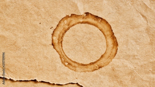 Macro of coffee cup stain on kraft paper.