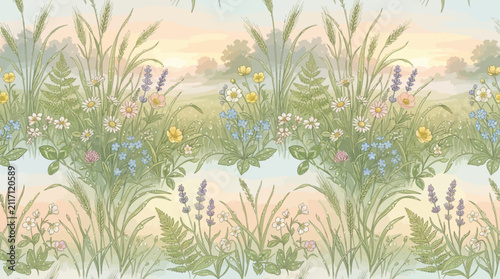 Foto Seamless pattern of wildflowers and grass with dew drops at sunrise
