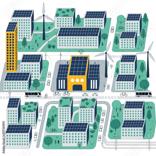 Smart Sustainable City with Solar Panels, Wind Turbines and Green Buildings Flat Vector Illustration
