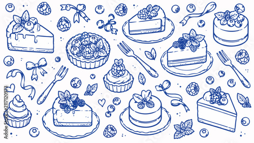 Hand drawn cake and dessert vector collection, blue ink sketch of cheesecake slices and berry tarts, bakery menu illustration set with sweet pastries isolated PNG with Transparent Background