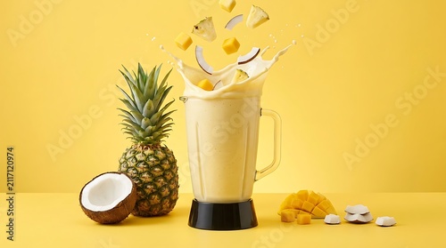 Fresh pineapple and coconut smoothie in a blender