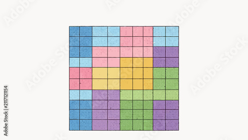Pastel geometric grid pattern featuring colorful squares in blue, pink, yellow, green and purple tones