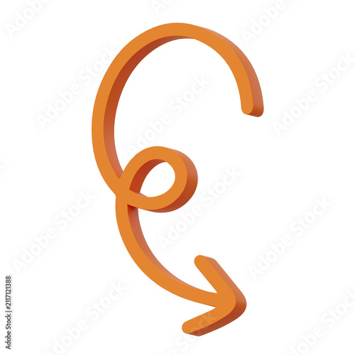 3D illustration orange glossy curly loop spiral arrow winding downward flourish calligraphy symbol isolated transparent background