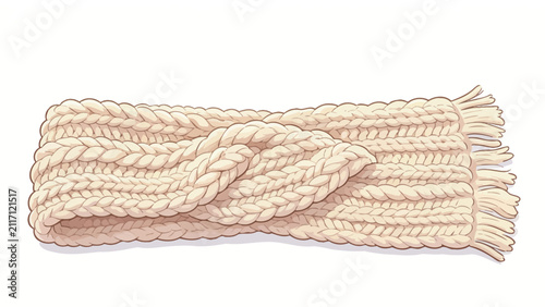 Beige knitted scarf with braided texture and fringed ends, soft cozy winter accessory illustration