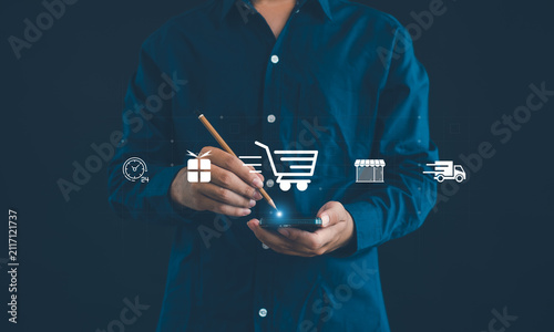 Online shopping and e-commerce concept with mobile ordering, digital marketplace, fast delivery, retail technology, customer experience, omnichannel sales and logistics services.