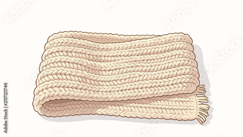 Cozy knitted scarf with thick braided texture and fringed ends, soft beige woolen accessory for winter warmth
