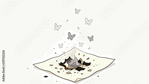 Delicate paper burning with ash transforming into ethereal butterflies rising upward in soft monochrome