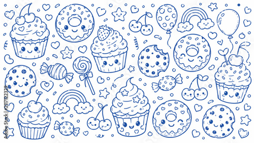 Kawaii doodle sweets and dessert collection, cute hand drawn cupcakes and donuts vector set, blue line art pastry and candy illustrations isolated PNG with Transparent Background