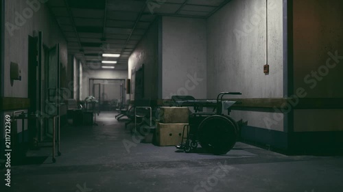 Afterhours hospital corridor with idle carts and wheelchairs, single flickering panel overhead, muted colors and heavy silence convey solitude and uneasy calm.