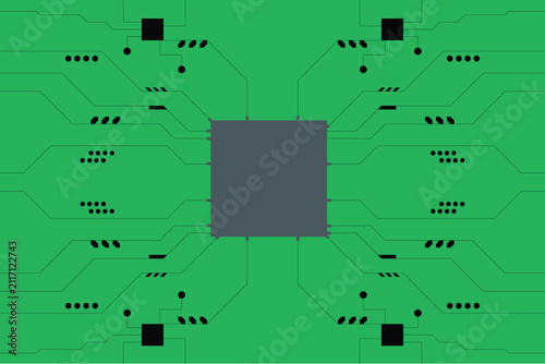 Abstract Green Printed Circuit Board Background with Central Microchip, PCB Technology Design, Electronic Motherboard Pattern, Computer Hardware, Digital Circuit, Semiconductor Vector Illustration