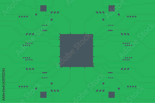Abstract Green Printed Circuit Board Background with Central Microchip, PCB Technology Design, Electronic Motherboard Pattern, Computer Hardware, Digital Circuit, Semiconductor Vector Illustration