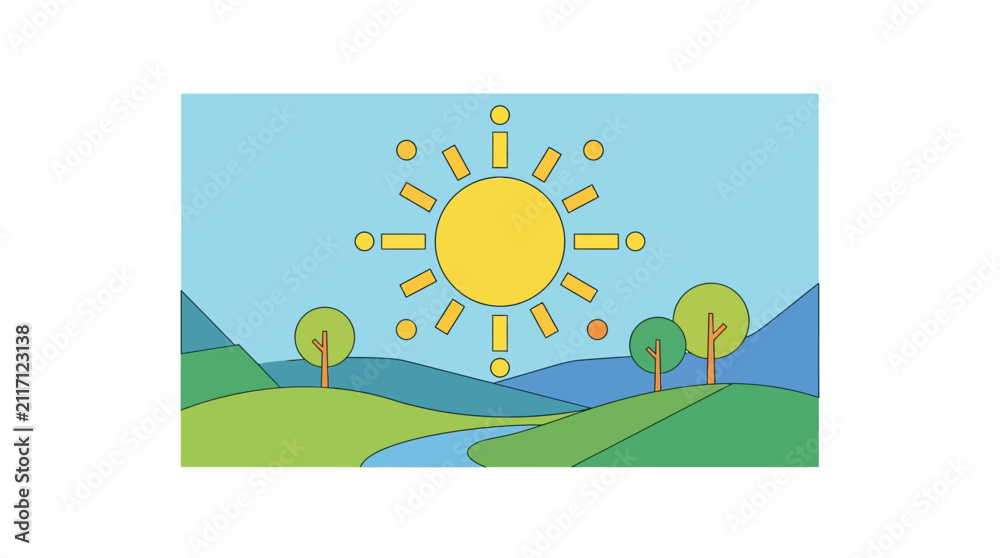 Fototapeta premium Sun shines over a stylized landscape featuring rolling green hills, small trees, and a winding blue river.