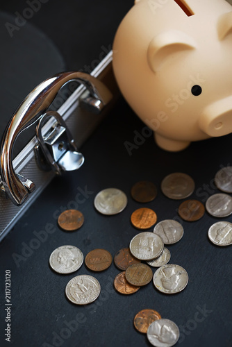 Принти на полотні Piggy Bank and Coins Spilling from Briefcase: Financial Savings and Investment C