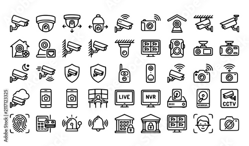 Surveillance Camera Outline Icon Collection with CCTV Security Monitoring and Smart Protection Vector