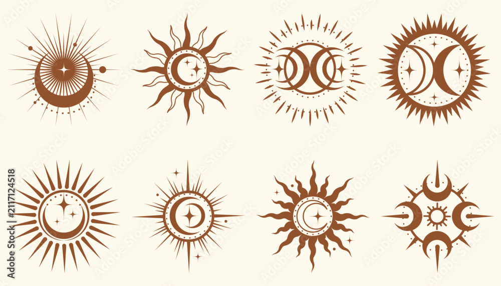 Obraz premium Celestial sun and moon icon set with stars. Modern minimalist vector illustration for mystical design, boho art, astrology symbols and abstract cosmic graphics.