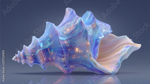 Iridescent conch shell with glowing inner surface and magical sparkles on a clean studio background