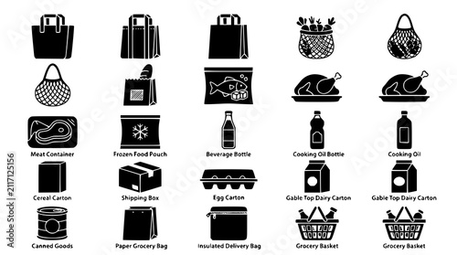 :
Modern Grocery Packaging Icon Collection with Shopping Bags Food Containers and Retail Symbols Vector