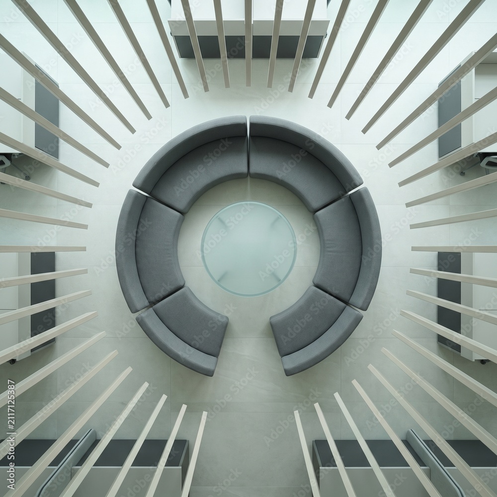 Fototapeta premium Modern office circular seating arrangement in a minimalist atrium with circular