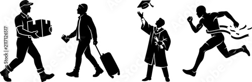 Silhouette set of courier, traveler, graduate, runner