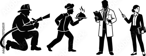 Silhouette set of firefighter, chef, doctor, teacher