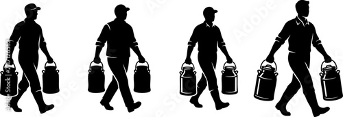 Silhouettes of farmers carrying milk cans in walking