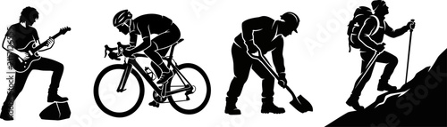 Silhouette set of guitarist, cyclist, digger, hiker