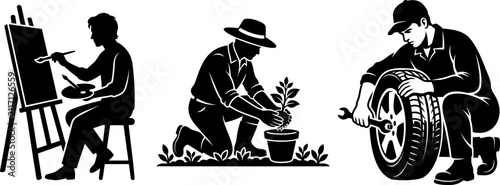 Silhouette set of painter, gardener, mechanic worker